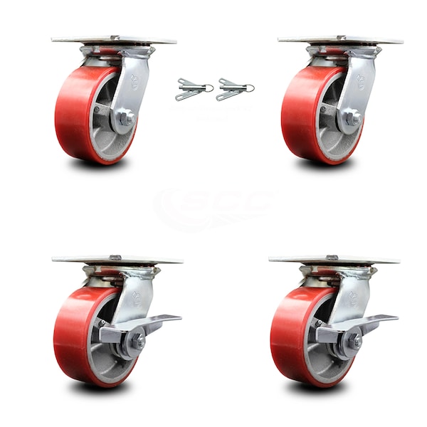 5 Inch Red Poly on Cast Iron Swivel Caster Swivel Locks 2 Brakes SCC, 2PK